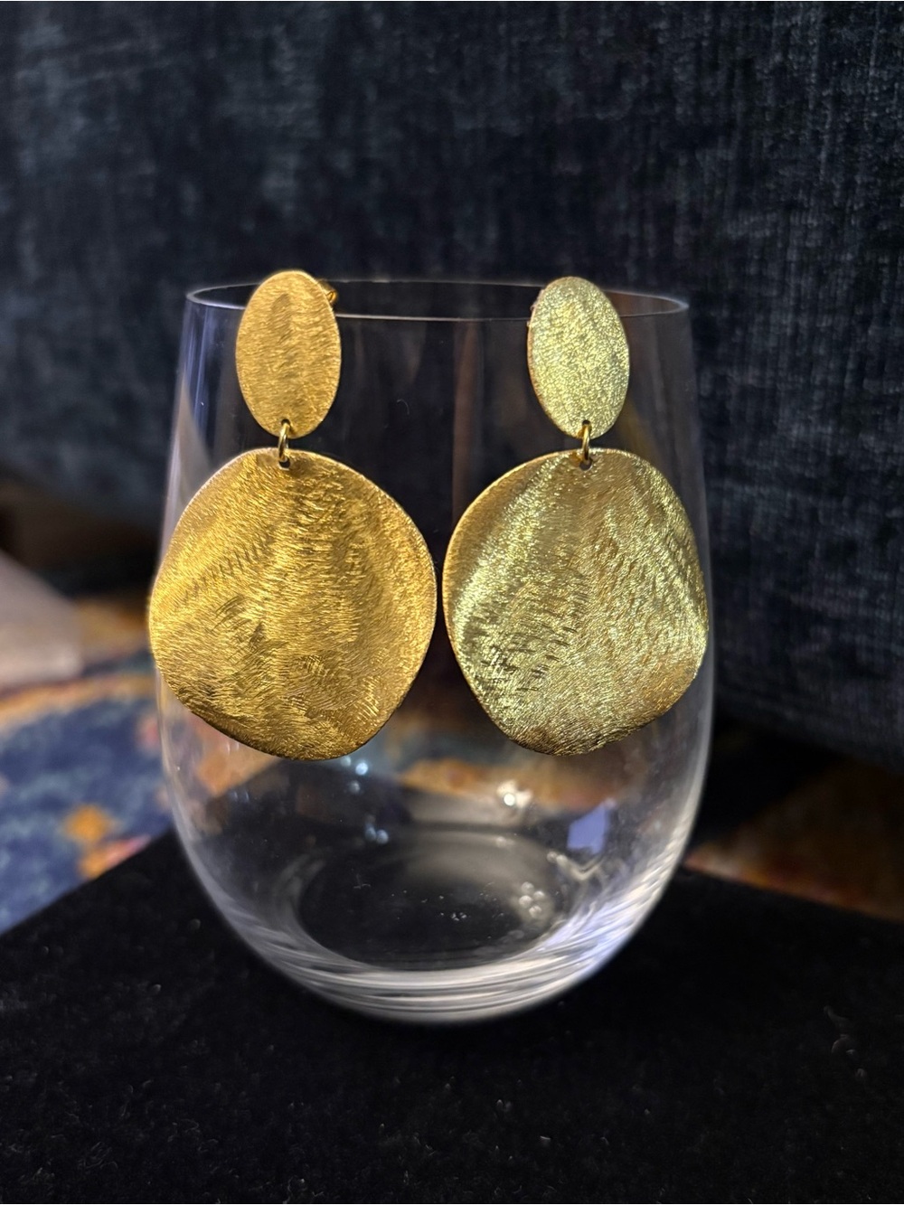 Gold Textured Double Disc Drop Pierced Earrings - Women Jewelry